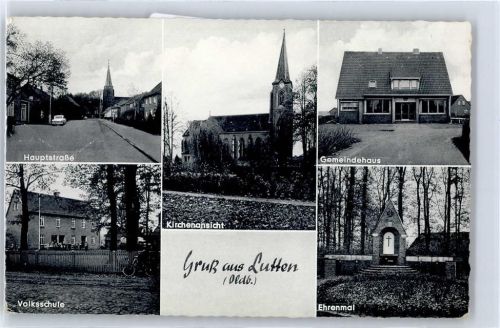 49424 W2849 Lutten , Kr Vechta - Hauptstraße, Kirche, Gemeindehaus, Volksschule, Ehrenmal