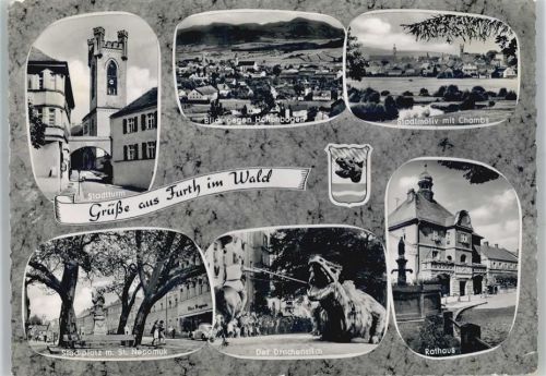 Furth Kirche, Ortsansicht, Stadtturm, Rathaus, Stadtplatz mit St. Nepomuk, Der Drachenstich