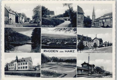 Rhüden Ortsansicht, Kirche, an der Nette, Badeanstalt, St. Georg Schule, Bahnhof, Kirche