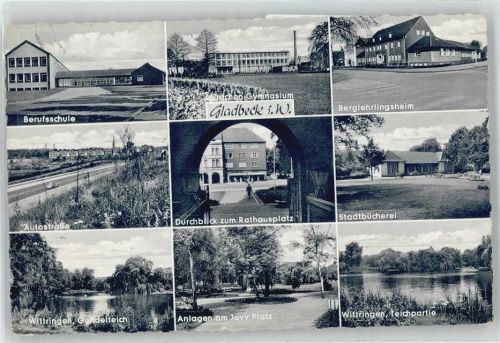 Gladbeck Berufsschule, Autostraße, Gymnasium, Berglehrlingsheim, Rathausplatz, Stadtbücherei, Anlagen, Teichpartie