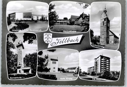 Fellbach Friedrich-Schiller-Gymnasium, Pauluskirche, Kernenturm, Kath. Kirche, Lutherkirche, VW Hochhaus