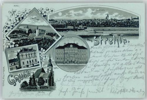 01616 O8405 Strehla - Kirche, Post, Schule, Schloss