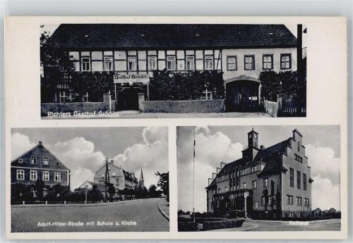 Gröditz Gasthof Richter, Adolf-Hitler-Strasse, Schule, Kirche, Rathaus