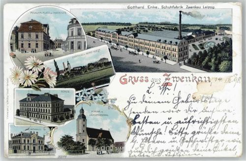 Zwenkau Pegauer Platz, Marktstrasse,Schuhfabrik Enke, Schule, Rathaus, Kirche, Kriegerdenkmal