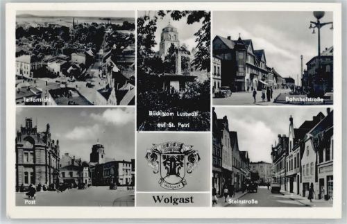 Wolgast Post, Kirche, Steinstrasse, Bahnhofstrasse, Wappen