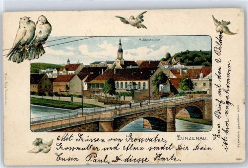 09328 O9293 Lunzenau Lithographie Muldenbrücke 1901