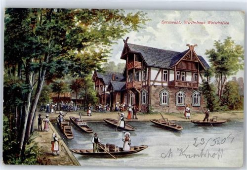 15907 O7550 Lübben - 1901, Künstlerkarte, Gasthaus Wotschofska, Kahnanlegestelle, Trachten