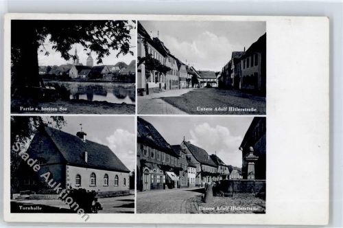 97357 W8718 Prichsenstadt - Straßenansicht, Partie am breiten See, Turnhalle, Brunnen