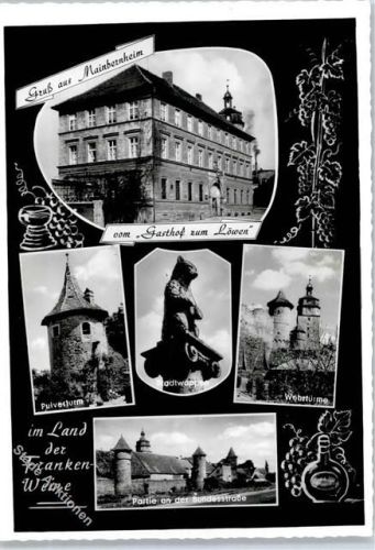 97350 W8717 Mainbernheim - Gasthof zum Löwen, Pulverturm, Stadtwappen, Wehrtürme, Partie an der Bundestraße