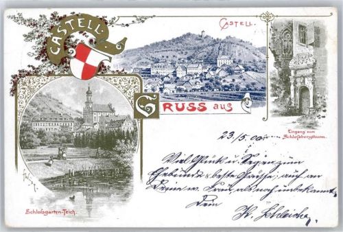 Castell 1900, Eingang zum Schlossbergthurm, Schlosgarten-Teich