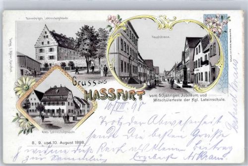 97437 W8728 Haßfurt Lithographie Hauptstraße, Lateinschulgebäude