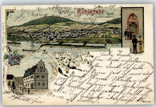 63927 W8768 Bürgstadt Lithographie 1908, Portal der Martinskapelle, Rathaus, Lithographie