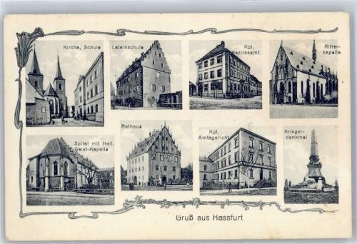97437 W8728 Haßfurt - Kirche, Schule, Kriegerdenkmal, Rathaus, Kapelle