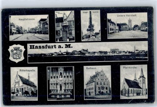 97437 W8728 Haßfurt - Hauptstraße, Florian-Brunnen, Krieger-Denkmal, Ritterkapelle, Rathaus, Pfarrkirche