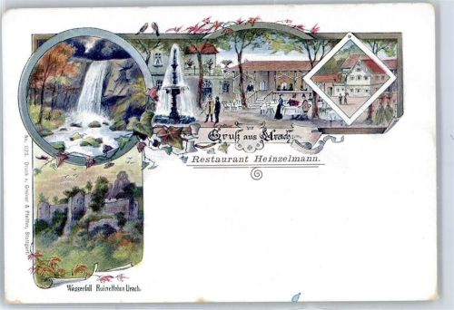 78147 W7741 Urach , Baden Lithographie Gasthaus Heinzelmann Wasserfall