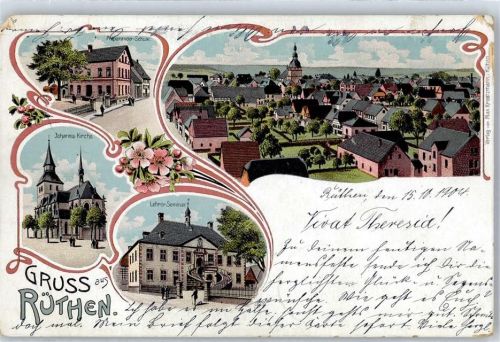 59602 W4784 Rüthen 1904 Lithographie Kirche Schule