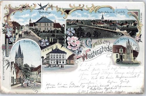 26655 W2910 Westerstede 1899 Lithographie Peterstraße Busch-Hotel Kriegerdenkmal Blick von der Eisenbahn