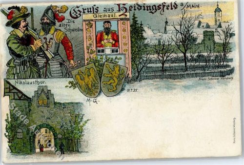 97070 W8700 Heidingsfeld Lithographie Die alten Schweden Nikolaustor Giemaul Wappen