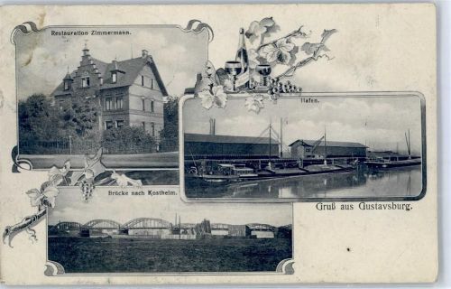 Ginsheim-Gustavsburg 1908 Gasthaus Zimmermann Hafen Brücke nach Kostheim