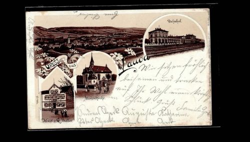 97922 W6970 Lauda 1899 Lithographie Bahnhof Marienkirche Hotel Müller