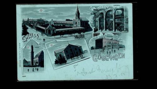 86150 W8900 Göggingen , Bay 1900 Lithographie Kirche Schulhaus Turnhalle Orthopädische Anstalt