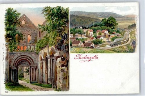 07422 O6821 Paulinzella Lithographie Klosterruine Eisenbahn