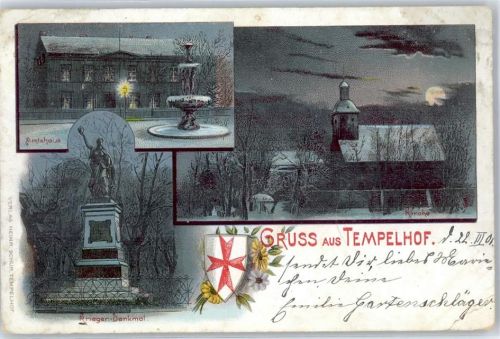 10115 W1000 Tempelhof Lithographie / Mondschein 1901 Kriegerdenkmal Amtshaus Kirche
