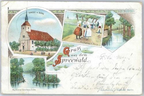 03096 O7502 Burg , Spreewald Lithographie / Künstlerkarte 1899 Kirche Kirchgang Forsthaus Eiche