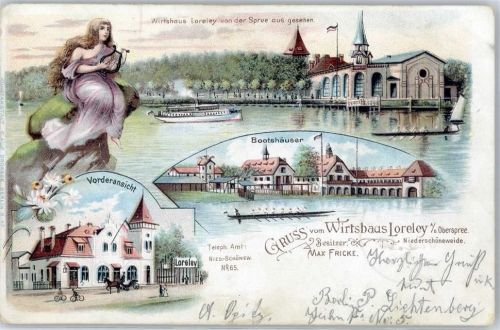 10115 O1190 Niederschöneweide Lithographie 1903 Gasthaus Loreley Spree Bootshäuser