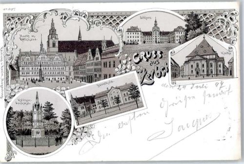 39261 O3400 Zerbst 1897 - Marktplatz Rathaus Schloss Kirche Bauschule Kriegerdenkmal Bahnpost Magdeburg Zerbst Leipzig Zug Nr. 195