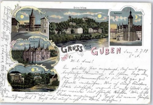 03172 O7560 Guben 1899 Lithographie / Mondschein Rathaus Schützenhaus