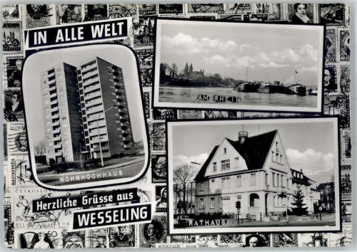 50389 W5047 Wesseling , Rheinl - Wohnhochhaus Rathaus Rhein Schiffe
