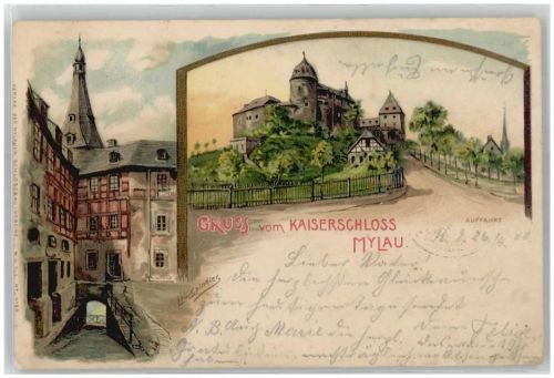 08499 O9803 Mylau 1900 Lithographie Kaiserschloss sign. Erwin Spindler