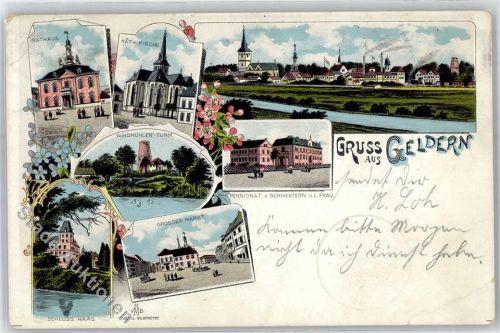 47608 W4170 Geldern 1905 Lithographie Rathaus Kath. Kirche Windmühlen Turm Markt Schloss Haag