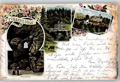 08118 O9509 Hartenstein b Zwickau Lithographie / Künstlerkarte 1909 Prinzenhöhle Forsthaus Schönburgsches Schloss Hartenstein
