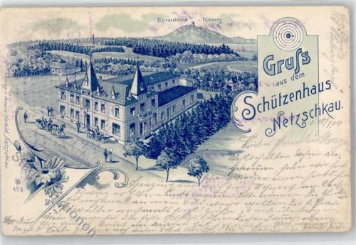 08491 O9804 Netzschkau 1904 Lithographie Schützenhaus Bismarckturm Kuhberg