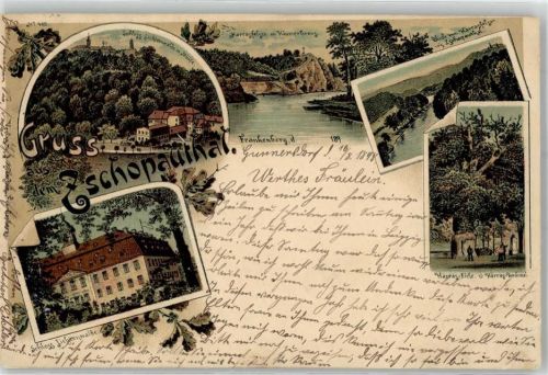 09669 O9262 Frankenberg , Sachs Lithographie / Künstlerkarte Zschopauthal Schloss Lichtenwalde Mühle Harrasfelsen