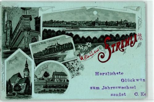 01616 O8405 Strehla Lithographie / Künstlerkarte Kirche Bahnhof Schloss