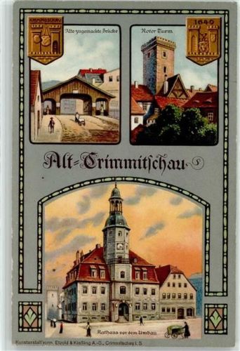 08451 O9630 Crimmitschau Lithographie / Künstlerkarte 1914 Alte zugemachte Brücke Roter Turm Rathaus