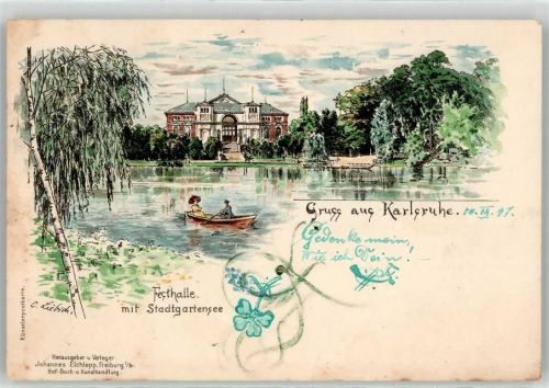 W7500 Karlsruhe , Baden Festhalle mit Stadtgartensee Liebich C. 1897 Künstlerkarte