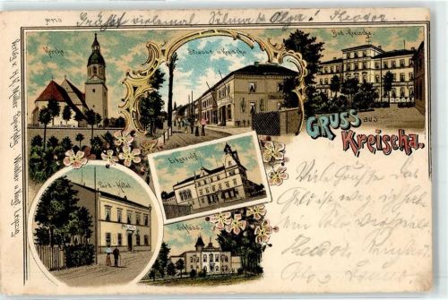 01731 O8216 Kreischa b Dresden Lithographie / Künstlerkarte 1900 Kirche Strasse Park Hotel Erbgericht Schloss