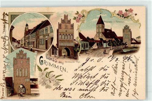 18507 O2320 Grimmen Lithographie / Künstlerkarte 1898 Mühlentor Stralsunder Tor