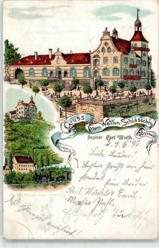 04741 O7304 Roßwein Lithographie / Künstlerkarte 1899 Bahnpost Wettin Schloss