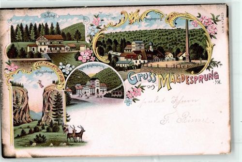 06493 O4301 Mägdesprung Lithographie / Künstlerkarte 1900 Bahnhof Hotel Mägdesprung Mägdetrappe