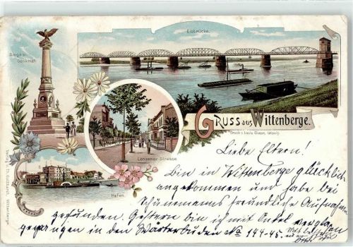 19322 O2900 Wittenberge , Prignitz 1896 Vorläufer Siegesdenkmal Lenzener Straße Hafen Elbe Brücke Dampfer