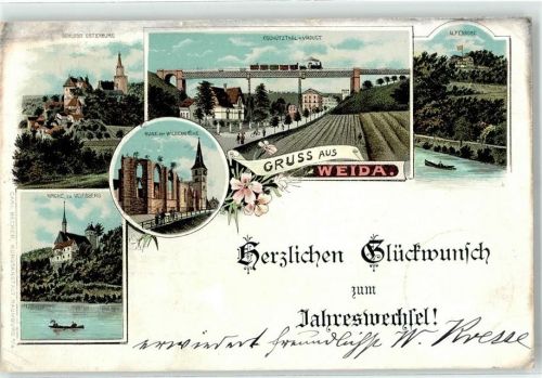 07570 O6518 Weida , Thür Lithographie / Künstlerkarte 1899 Schloss Osterburg Oschütztal Viadukt Kirche Ruine der Wiedenkirche