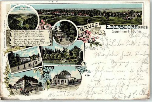 07929 O6551 Ebersdorf , Thür Lithographie / Künstlerkarte 1897 Schloss Pensionat Bahnhof Teichhäuschen Heinrichstein Häuschen