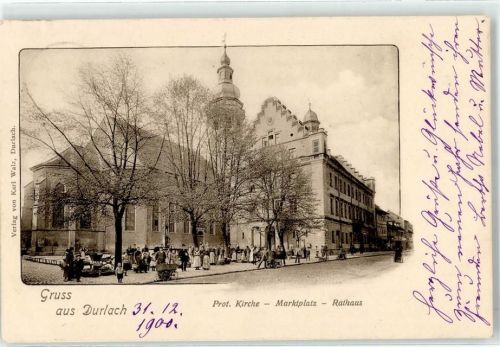 76131 W7500 Durlach 1900 - prot.Kirche Marktplatz Rathaus