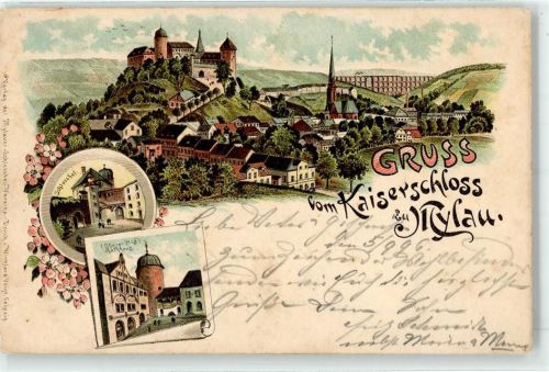 08499 O9803 Mylau Lithographie / Künstlerkarte 1896 Rathaus Schlosshof Kaiserschloss
