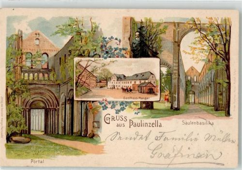 07422 O6821 Paulinzella 1901 Lithographie Gasthaus Menger Portal Säulenbasilika